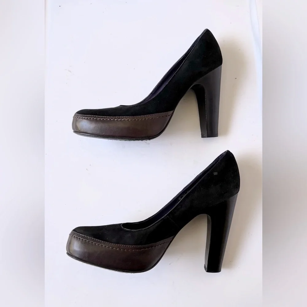 True Religion Suede Leather Platform Pumps Chunky Stiletto Heels Black Size 8.5